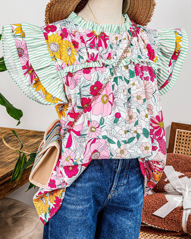 Fashion Floral Contrast Ruffle Trim Short Sleeve Boho Blouse