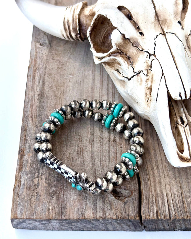 2 Layered Western Cactus Checker Stone Stretch Bracelet