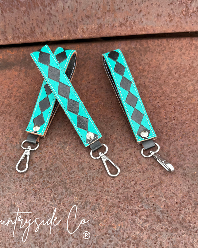 Turquoise Checkered Leather Keychain Wristlet