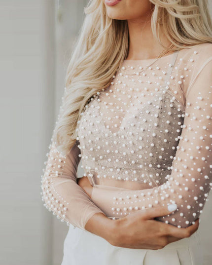 Pearl rhinestone sheer mesh see through top