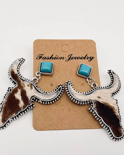 Western Style Cowhide Cowhead Shape Stud Earrings - WJ