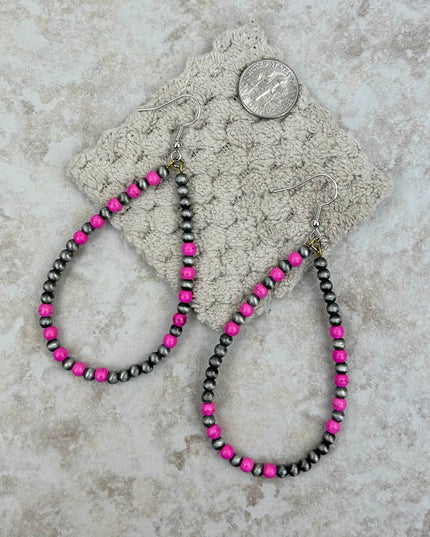 ER190810-08-PINK-SILVER     "Silver Navajo pearl with hot pink stone beads  teardrop hoop Earrings"