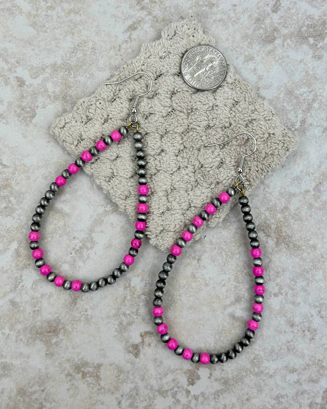 ER190810-08-PINK-SILVER     "Silver Navajo pearl with hot pink stone beads  teardrop hoop Earrings"
