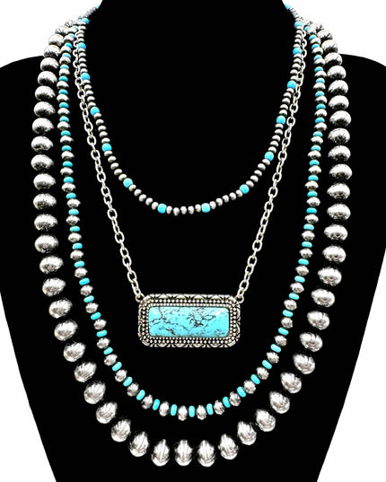 Turquoise Bar Pendant Western Layered Beads Necklace