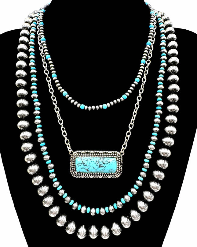 Turquoise Bar Pendant Western Layered Beads Necklace