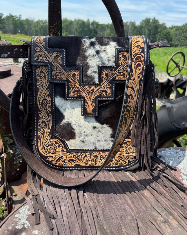 Genuine Western Cowhide Leather Purse or Clutch with cowhide and tooled details a Double B Wild Rags Exclusive