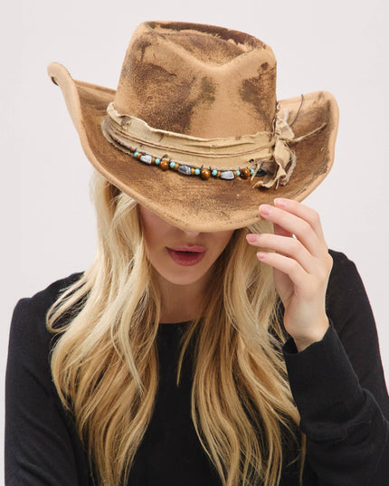 Distressed Fabric Band Feather Cowgirl Fedora Hat