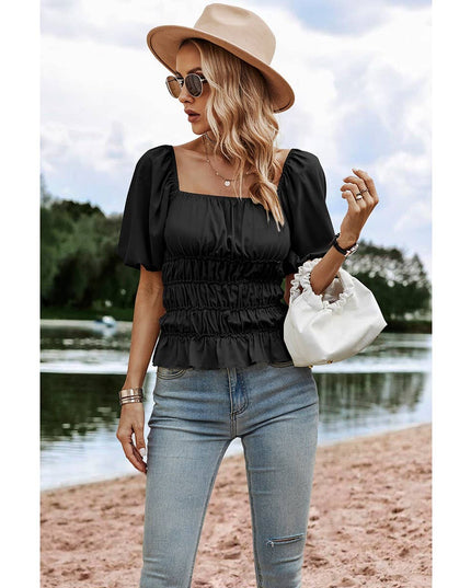 Solid Square Neck Shirred Flounce Sleeve Peplum Blouse