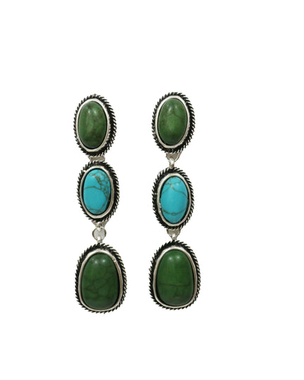 3" Burnished Silver Turquoise and Green 3 Tier Post Earrings