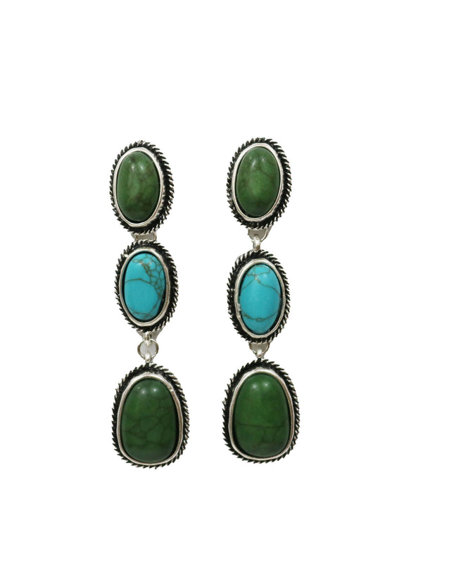 3" Burnished Silver Turquoise and Green 3 Tier Post Earrings