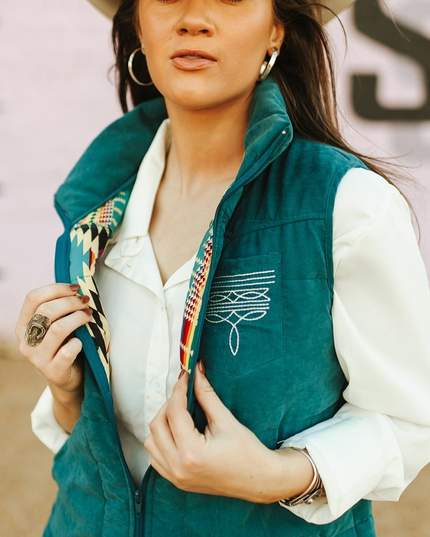 Teal Puffer W Aztec Lining Boot Stitch Detail Vest