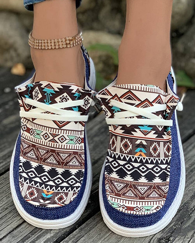 Vintage Western Patchwork Lace-up Decor Flat Shoes