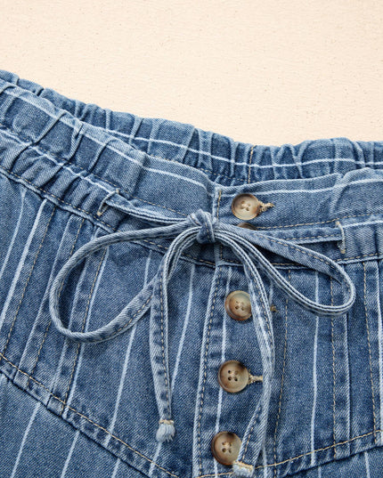 Stripe Button Pleated Drawstring Waist Casual Wide Leg Jeans
