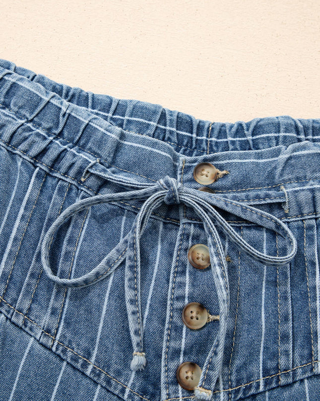 Stripe Button Pleated Drawstring Waist Casual Wide Leg Jeans