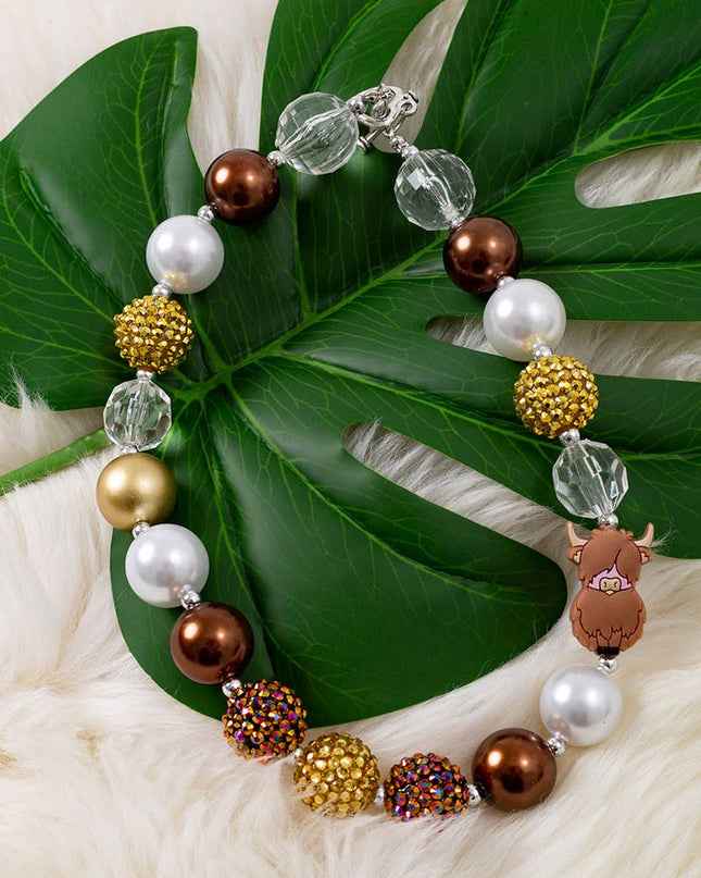 BROWN & GOLD NECKLACE W/HIGHLAND COW .3PCS/$15.00 ACG40270