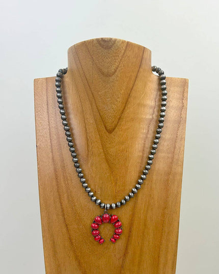 NKY241010-02-BLUE                16'' Silver Navajo pearl Beads with blue turquoise stone squash blassom pendant Necklace