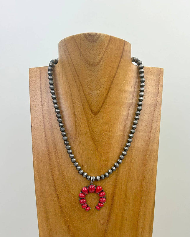 NKY241010-02-BLUE                16'' Silver Navajo pearl Beads with blue turquoise stone squash blassom pendant Necklace