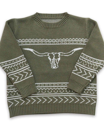 Olive bull skull aztec cow baby kids sweater