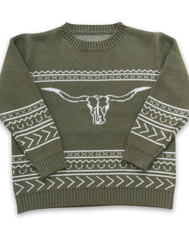 Olive bull skull aztec cow baby kids sweater