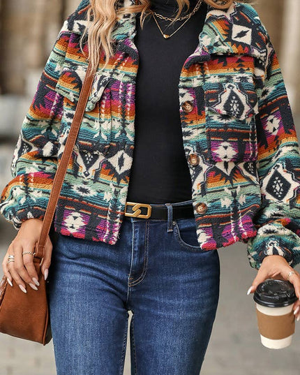Western Aztec Pattern Button Up Fleece Crop Jacket