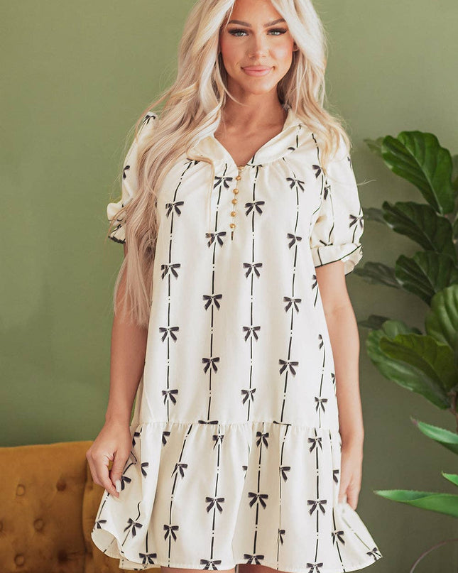 Beige Cute Bowknot Printed Bubble Sleeve V Neck Mini Dress