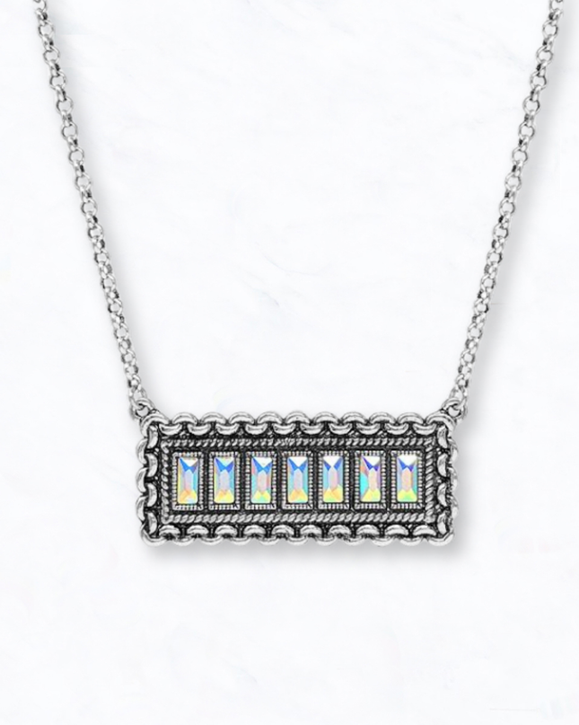 Silver Tone Stone Rectangle Inlay Bar Necklace
