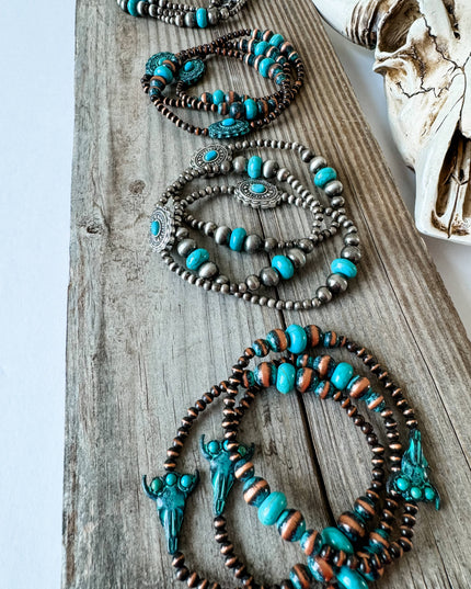 3 Layer Navajo Pearl & Stone Stackable Stretch Bracelet