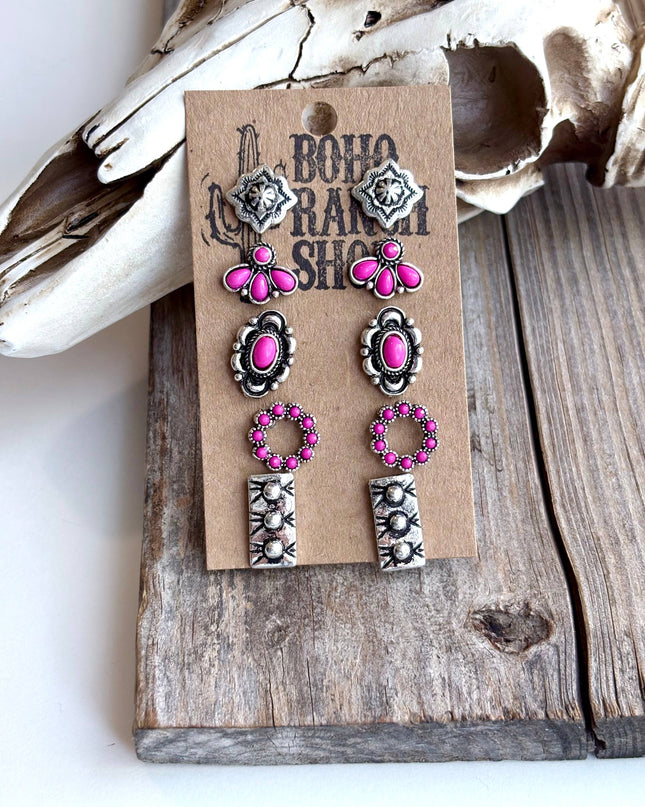5 Pair Western Theme Stone Stud Earring Set