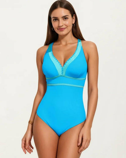 One Piece Swimsuit with Deep V Neck Contrast Trim and Sculpted Waist Design