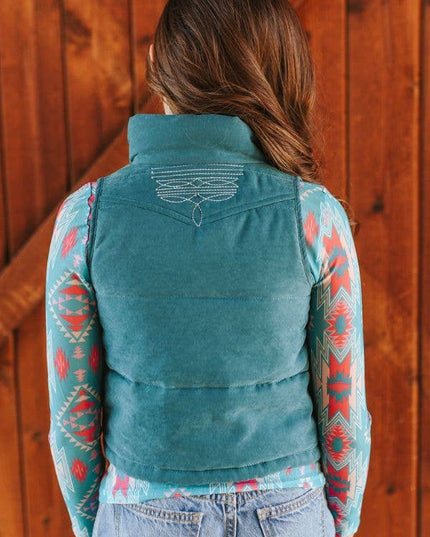 Girls Jade Puffer W Aztec Lining Boot Stitch Detail Vest