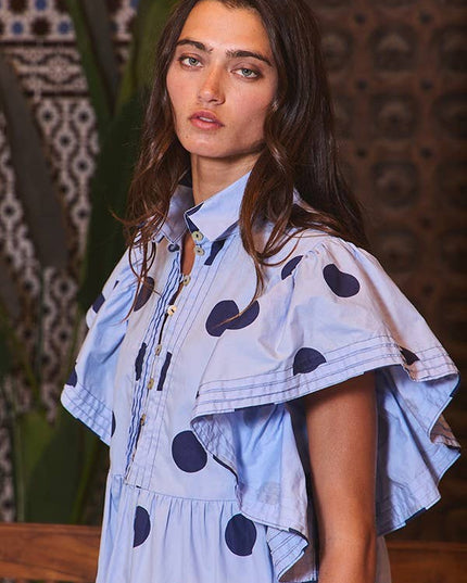 IT2337 Ruffle Sleeves Pintuck Detail Polka Dot Print top