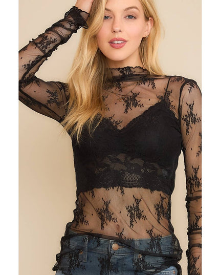 MESH LACE HIGH NECK DESIGN LONG SLEEVE FITTED TOP