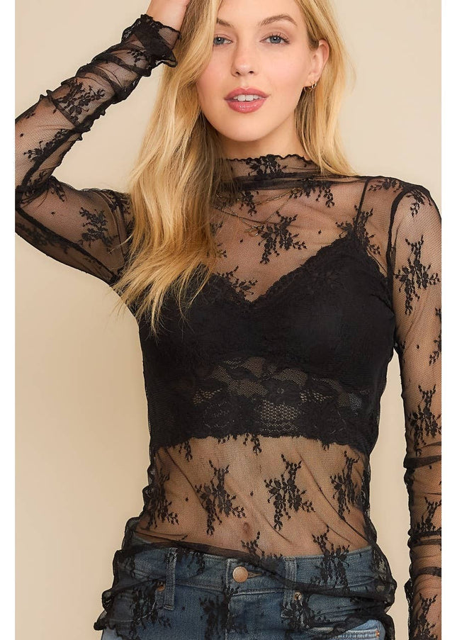 MESH LACE HIGH NECK DESIGN LONG SLEEVE FITTED TOP