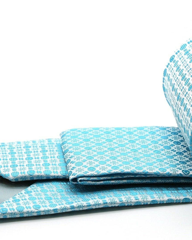 Mens Dads Classic Turquoise Geometric Pattern Business Casual Necktie & Hanky Set R-3