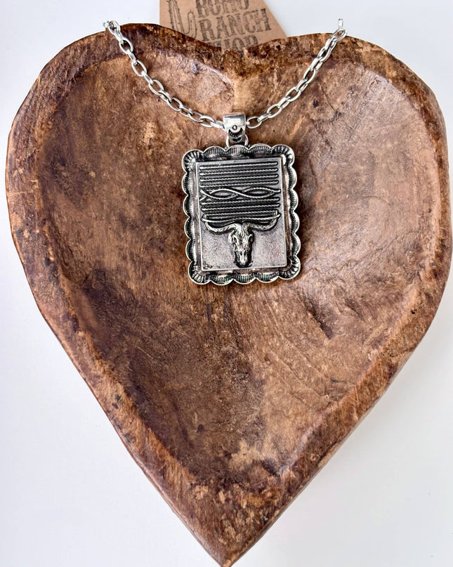 Western Style Steerhead Rectangle Pendant Necklace