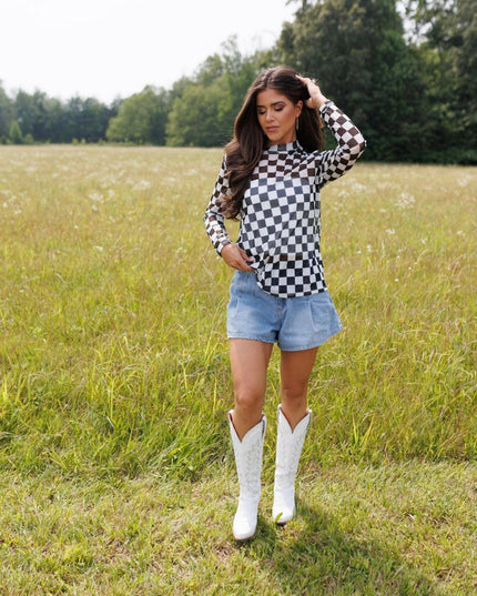 Black Checkerboard Mesh Top