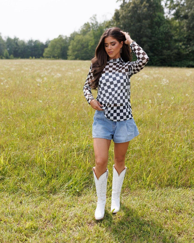 Black Checkerboard Mesh Top
