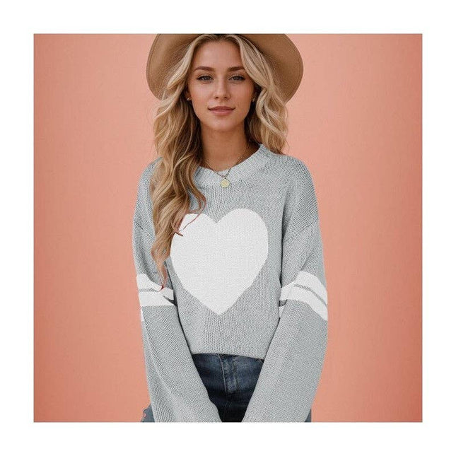 Loose-Fitting Color-Block Love Heart Round Neck Sweater