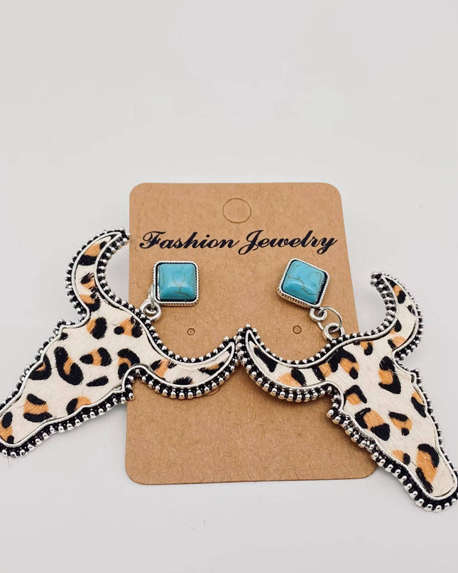 Western Style Cowhide Cowhead Shape Stud Earrings - WJ