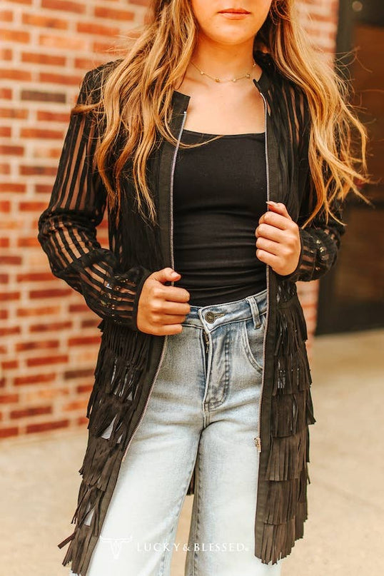 Black Mesh Tiered Suede Fringe Zip Up Shirt Jacket