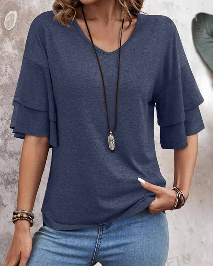 Solid Colour V-Neck Double Layer Sleeve Loose T-Shirt