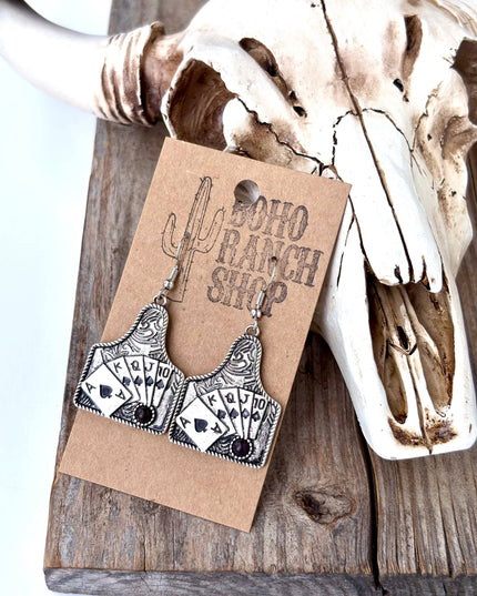 Western Playing Card with Stone Drop Dangle Earrings