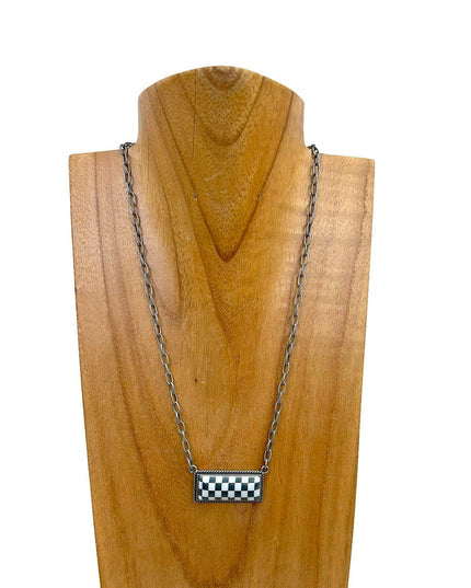 NKZ240537-01                  18 Inches silver metal chain with checker print bar Necklace
