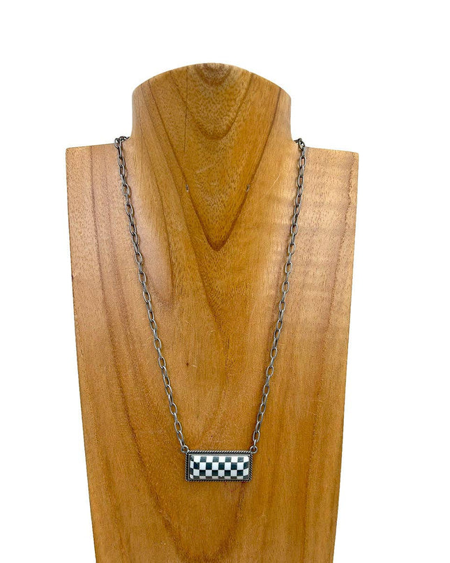 NKZ240537-01                  18 Inches silver metal chain with checker print bar Necklace