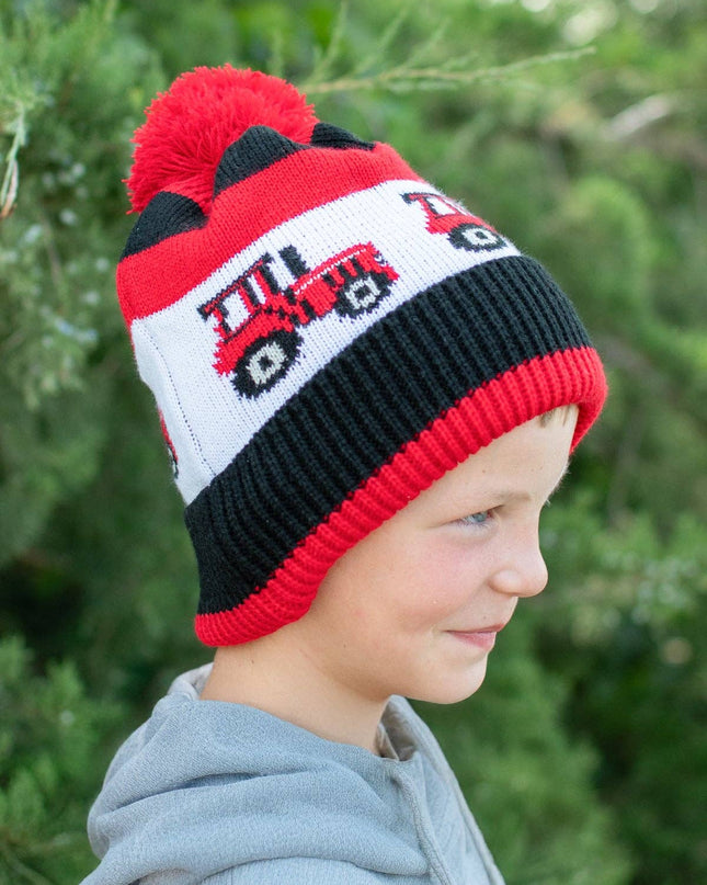 Red Tractor Knit Pom Beanie - Youth