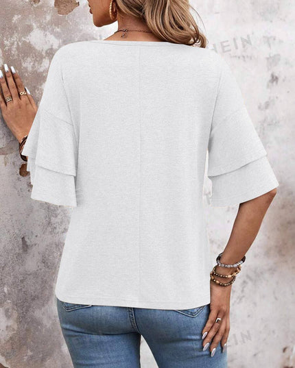 Solid Colour V-Neck Double Layer Sleeve Loose T-Shirt