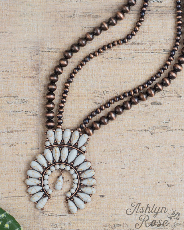 Walking About Town Cream Squash Blossom Beaded Necklace, Copper