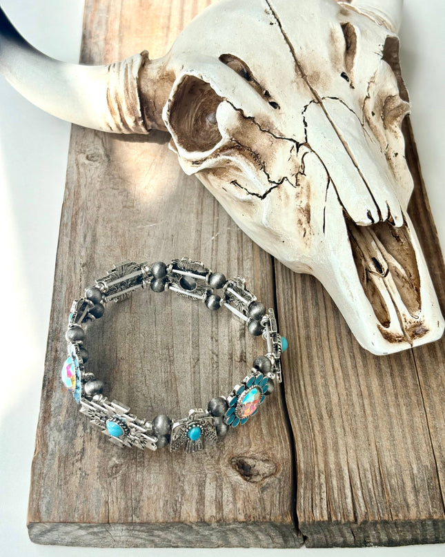 Western Style Turquoise Stone Rhinestone Stretch Bracelet