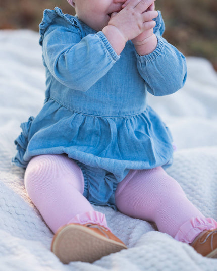 Baby Girls Light Wash Denim Long Sleeve Flutter Bubble Romper