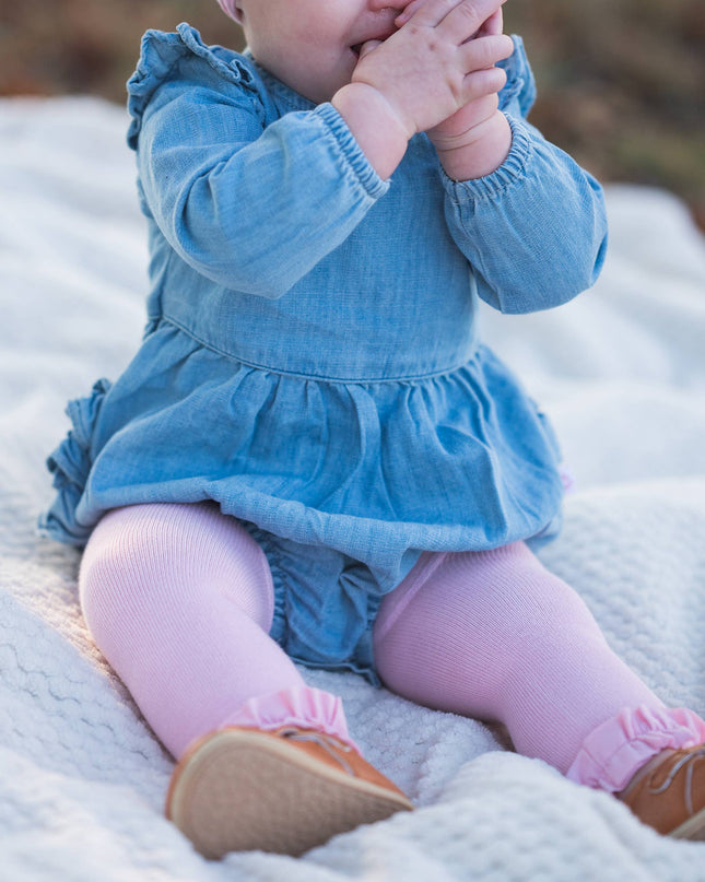 Baby Girls Light Wash Denim Long Sleeve Flutter Bubble Romper